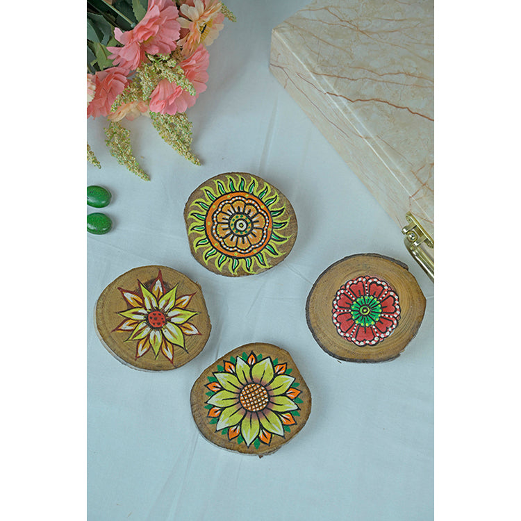 Teak Wood Handpainted Bloom Coasters- Set of 4