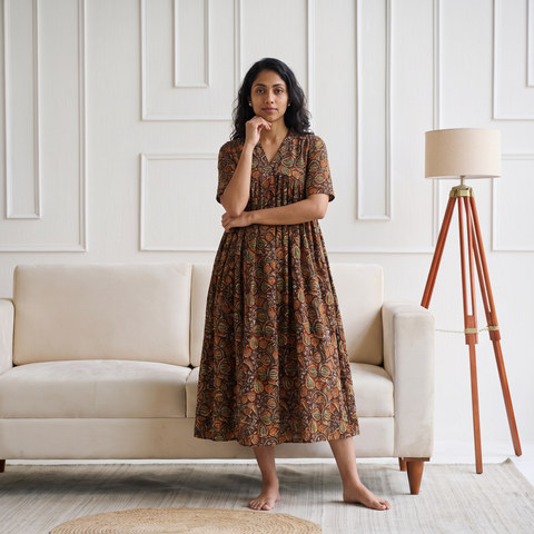 Pedana Kalamkari Hand Block Print Cotton Flared Long Dress for Women 07