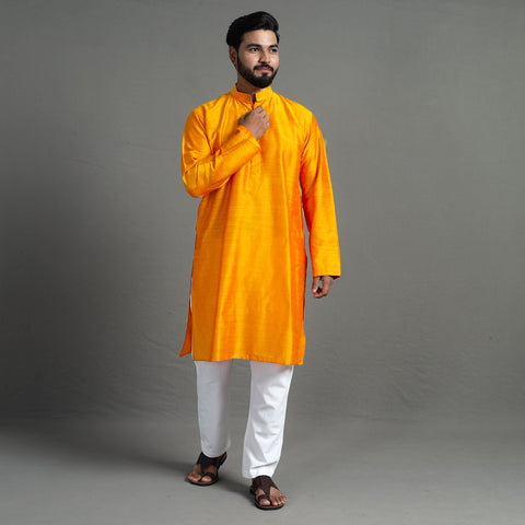 Light Orange - Plain Dyed Slub Silk Men Long Kurta