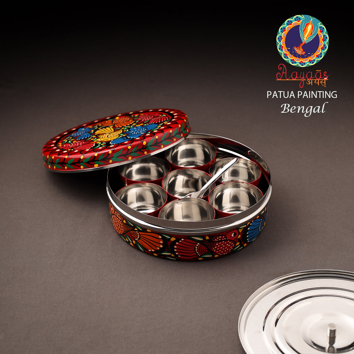 Bengal Patua Handpainted Stainless Steel Masala Box (7.2 x 7.2 in) 01