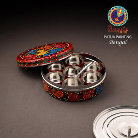 Bengal Patua Handpainted Stainless Steel Masala Box (7.2 x 7.2 in) 01