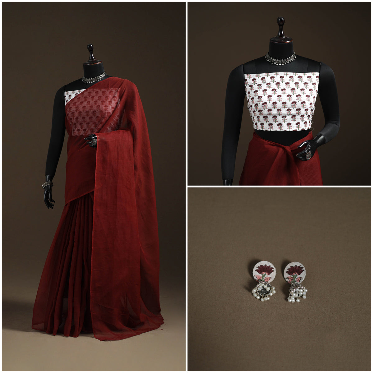 Maroon - Nazaakat Kota Doria Cotton Plain Saree with Blouse Piece & Earrings 20