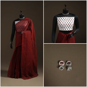 Maroon - Nazaakat Kota Doria Cotton Plain Saree with Blouse Piece & Earrings 20