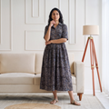 Pedana Kalamkari Hand Block Print Cotton Flared Long Dress for Women 02