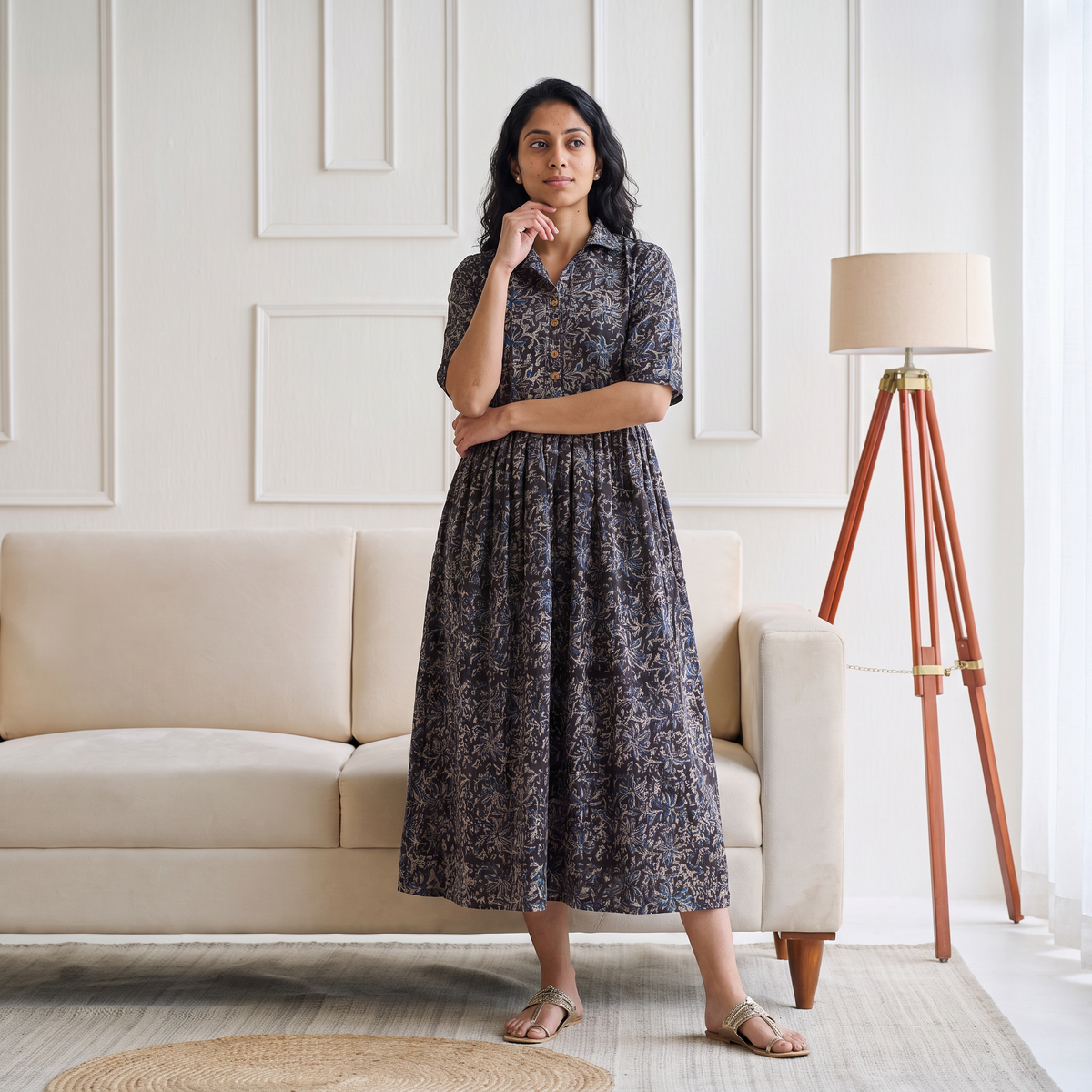 Pedana Kalamkari Hand Block Print Cotton Flared Long Dress for Women 02