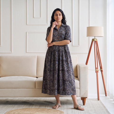 Black - pedana kalamkari hand block print cotton flared long dress for women