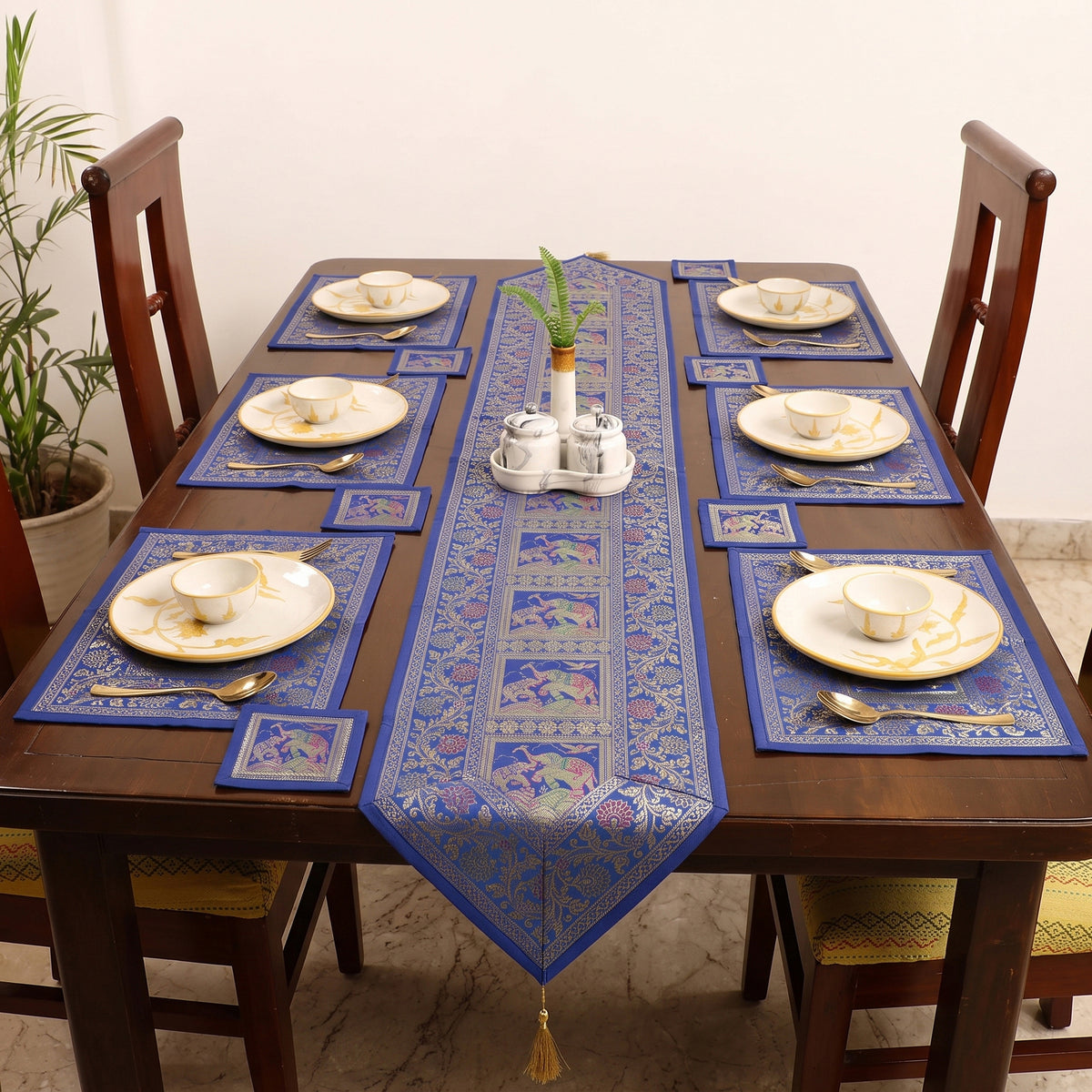 13pc Dining Table Linen Set in Brocade Banarasi Silk 01