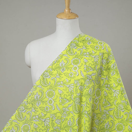 Lime Green Block Printed Cotton Sanganeri Fabric