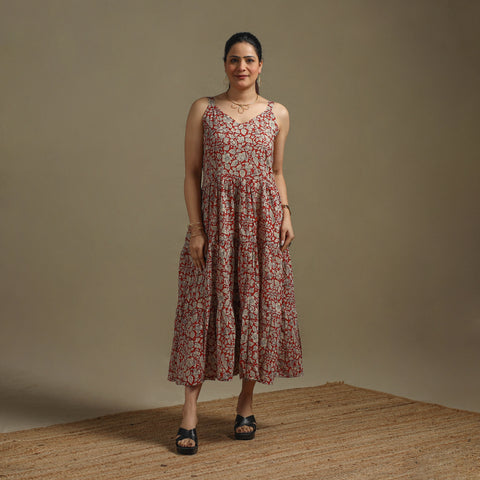 Hand Block Print Natural Dyed Cotton Tiered Bagru Dress 07
