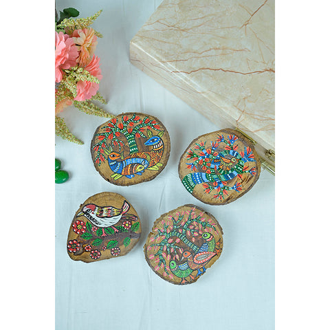 Teak Wood Handpainted Gond Art Coasters- Set of 4