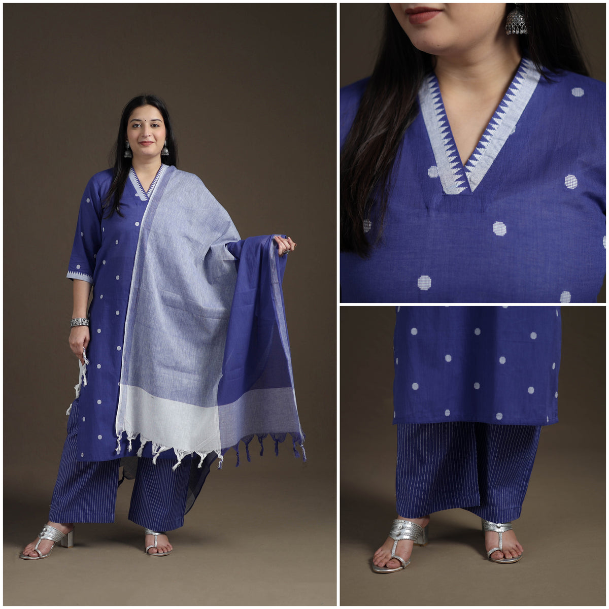 Jacquard Woven Cotton Straight Kurta with Palazzo & Dupatta Suit Set for Women 12