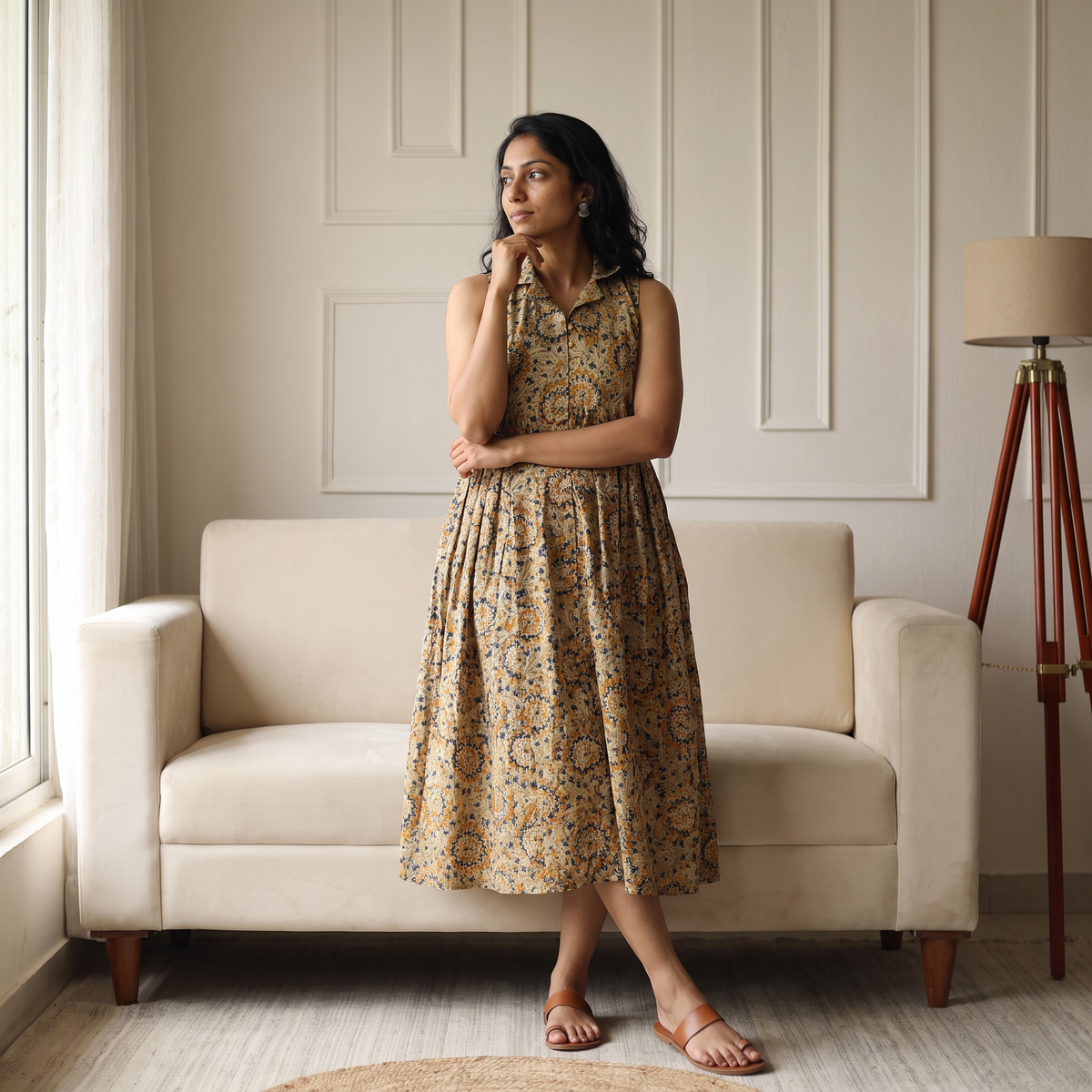 Pedana Kalamkari Hand Block Print Cotton Sleeveless Buttoned Down Long Dress for Women 20