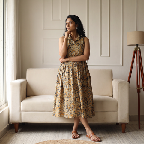 Pedana Kalamkari Hand Block Print Cotton Sleeveless Buttoned Down Long Dress for Women 20