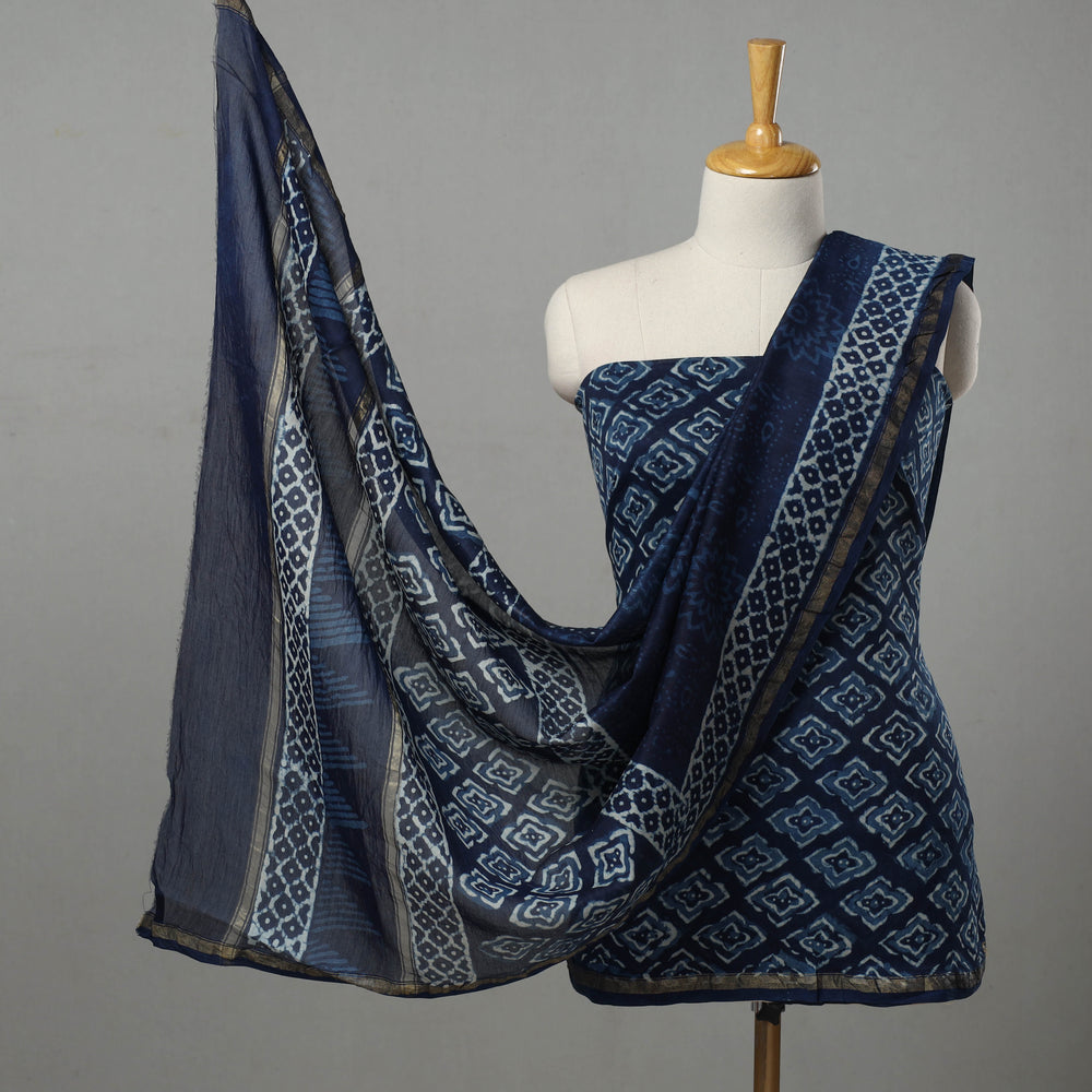 Blue - 3pc Chanderi Silk Indigo Bagru Print Dress Material 02