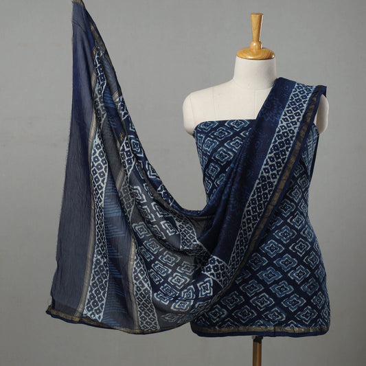 Blue - 3pc Chanderi Silk Indigo Bagru Print Dress Material 02