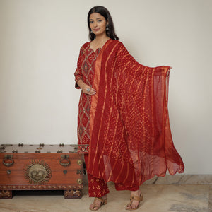 Red - Bandhani Tie-Dye Zari Work Cotton Kurta with Palazzo & Dupatta Set 01