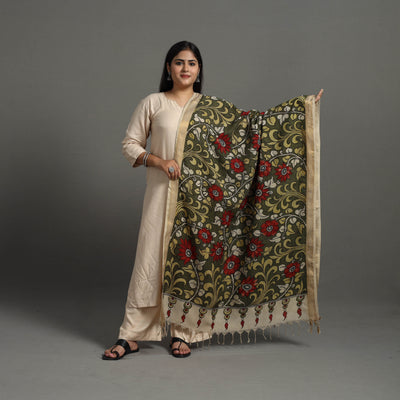 Green - Chanderi Silk Srikalahasti Handpainted Pen Kalamkari Dupatta 13