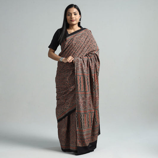 Brown - Ajrakh Block Printed Cotton Saree