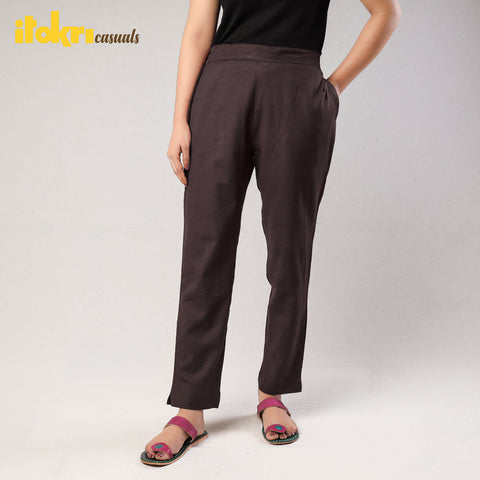 Brown - Cotton Tapered Casual Pant for Women