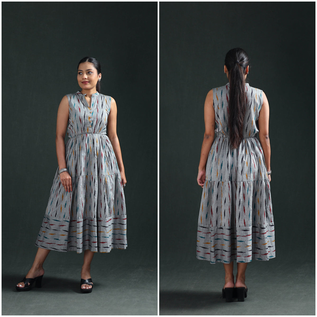 Pochampally Ikat Cotton Sleeveless Tiered Long Dress for Women 07