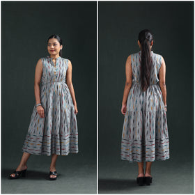 Pochampally Ikat Cotton Sleeveless Tiered Long Dress for Women 07