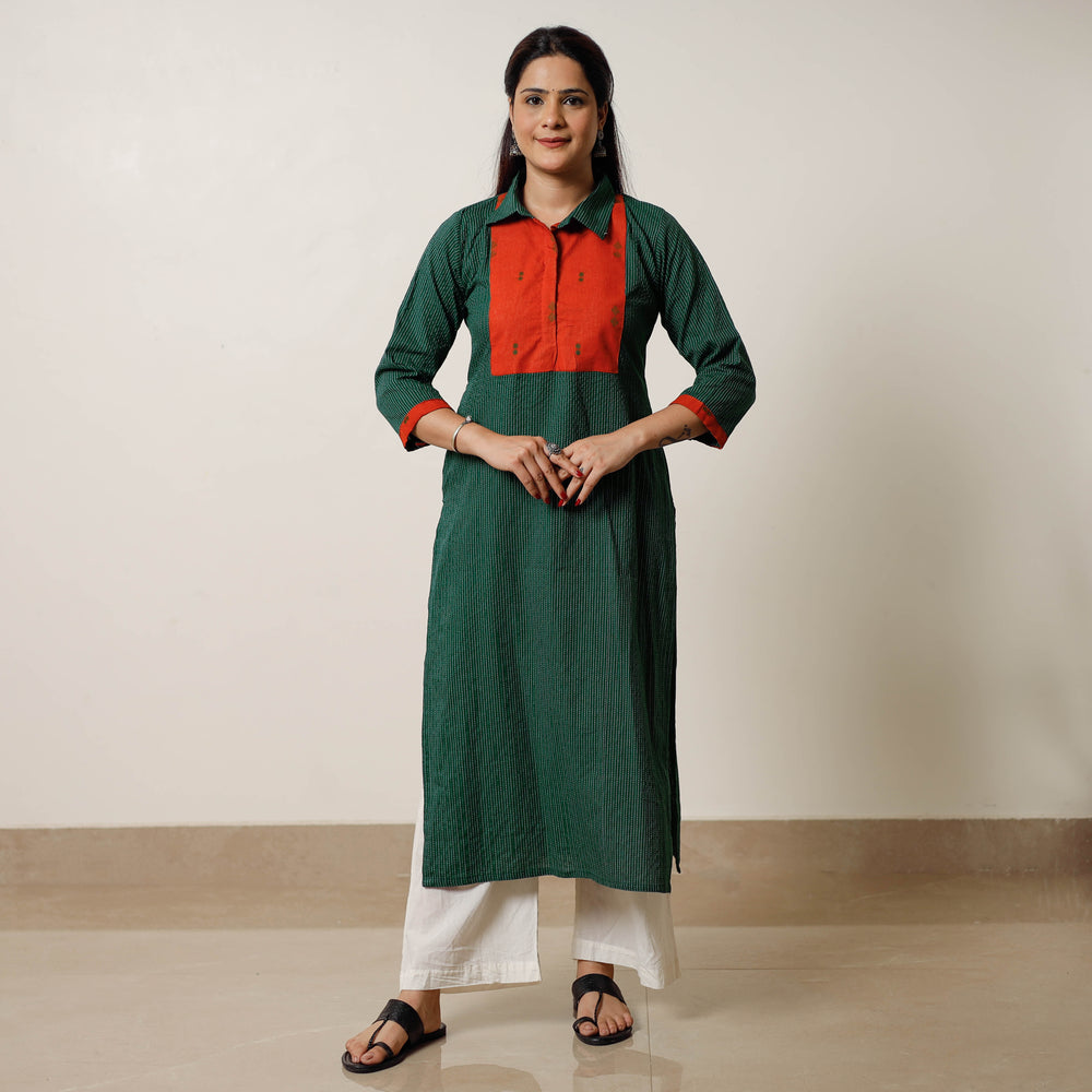 Green - Running Stitch Cotton Straight Kurta with Jacquard Patchwork 04