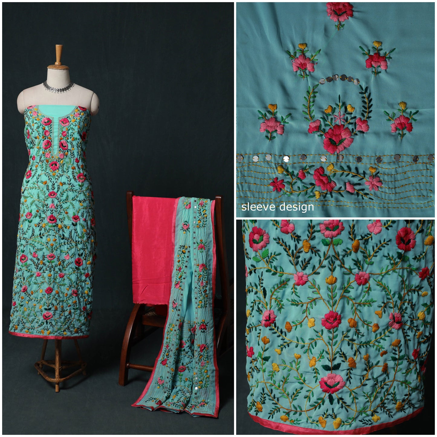 Hand Embroidered Georgette 3pc Unstitched Dress Material Suit Set 01
