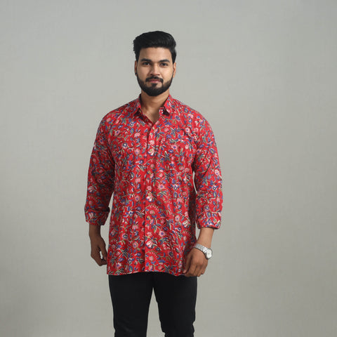 Red - Full Sleeve Cotton Men Sanganeri Print Shirt 05