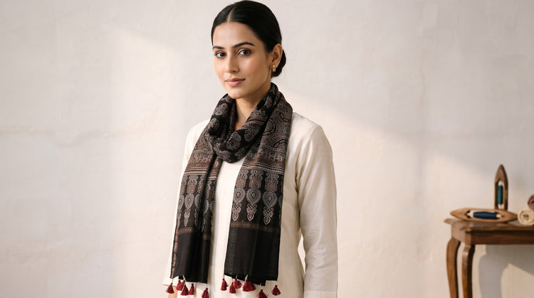 Ajrakh Hand Block Print Modal Silk & Cotton Stoles by Riyaz Abdulmajid Khatri