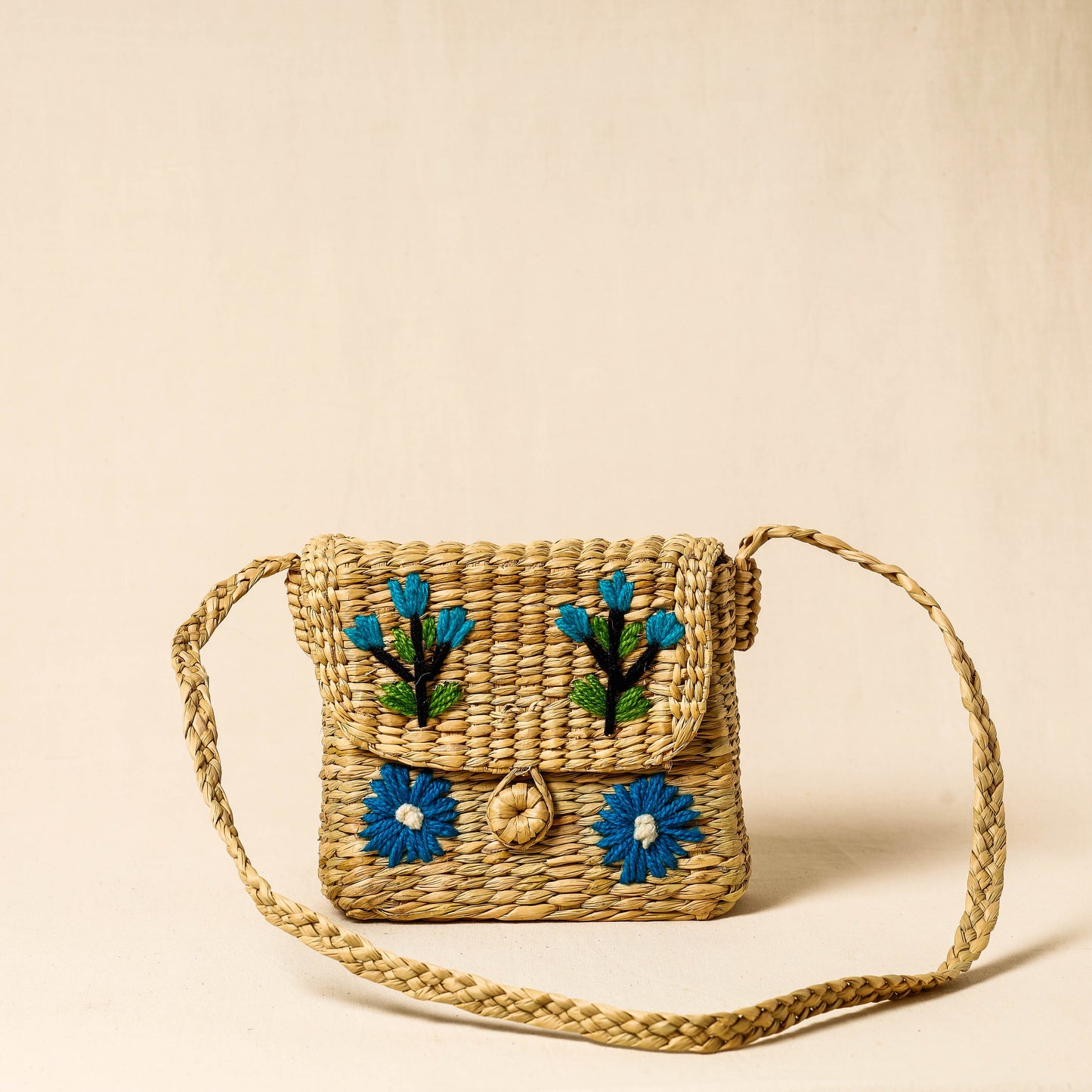 Brown - Handcrafted Natural Water Reed Embroidered Sling Bag