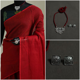 Red - Nazaakat Kota Doria Cotton Plain Saree with Blouse & Jewellery Set 187