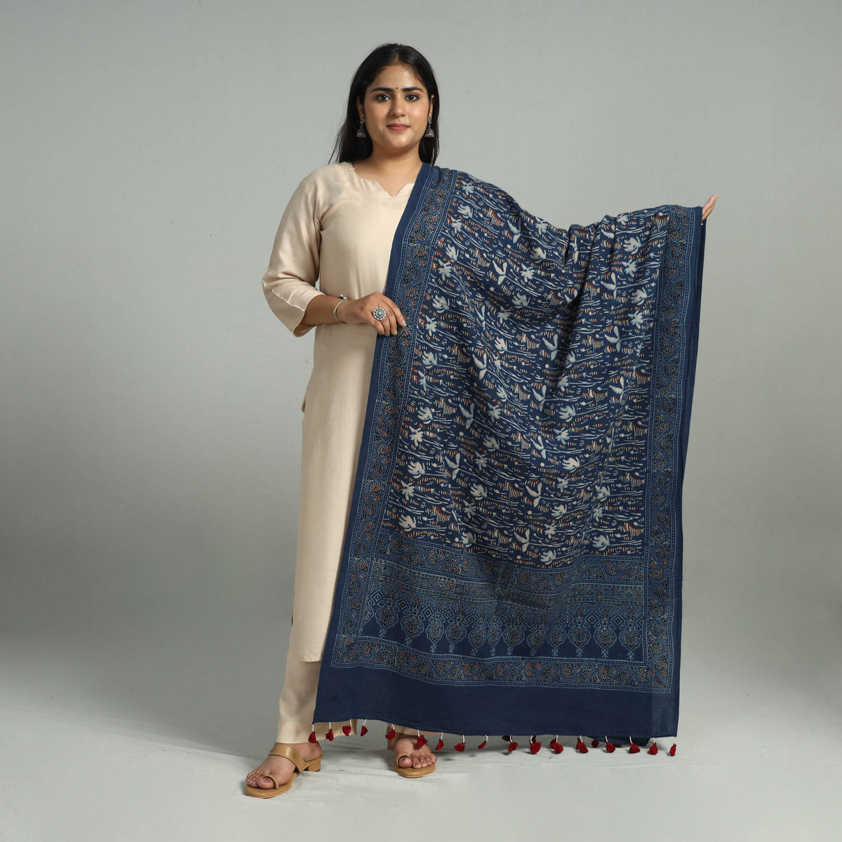 Blue - Block Printed Cotton Ajrakh Dupatta with Tassels 03