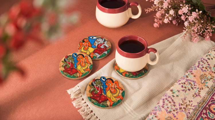 Bengal Patua Handpainted Akashmoni Wooden Coasters by Laltu Chitrakar