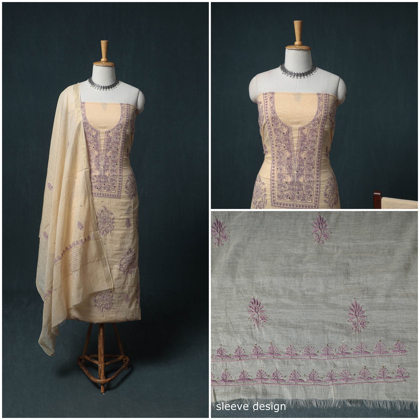 Lucknowi Chikankari Mukaish Work Mul Chanderi Unstitched Dress Material: Kurta, Bottom & Dupatta 02