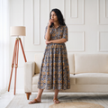 Pedana Kalamkari Hand Block Print Cotton Flared Long Dress for Women 05