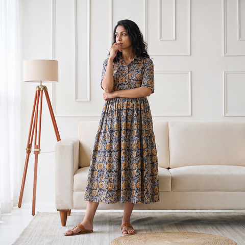 Pedana Kalamkari Hand Block Print Cotton Flared Long Dress for Women 05