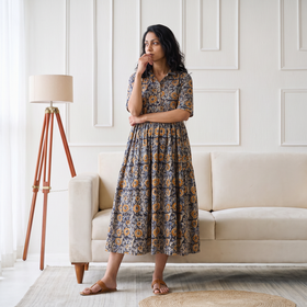 Pedana Kalamkari Hand Block Print Cotton Flared Long Dress for Women 05