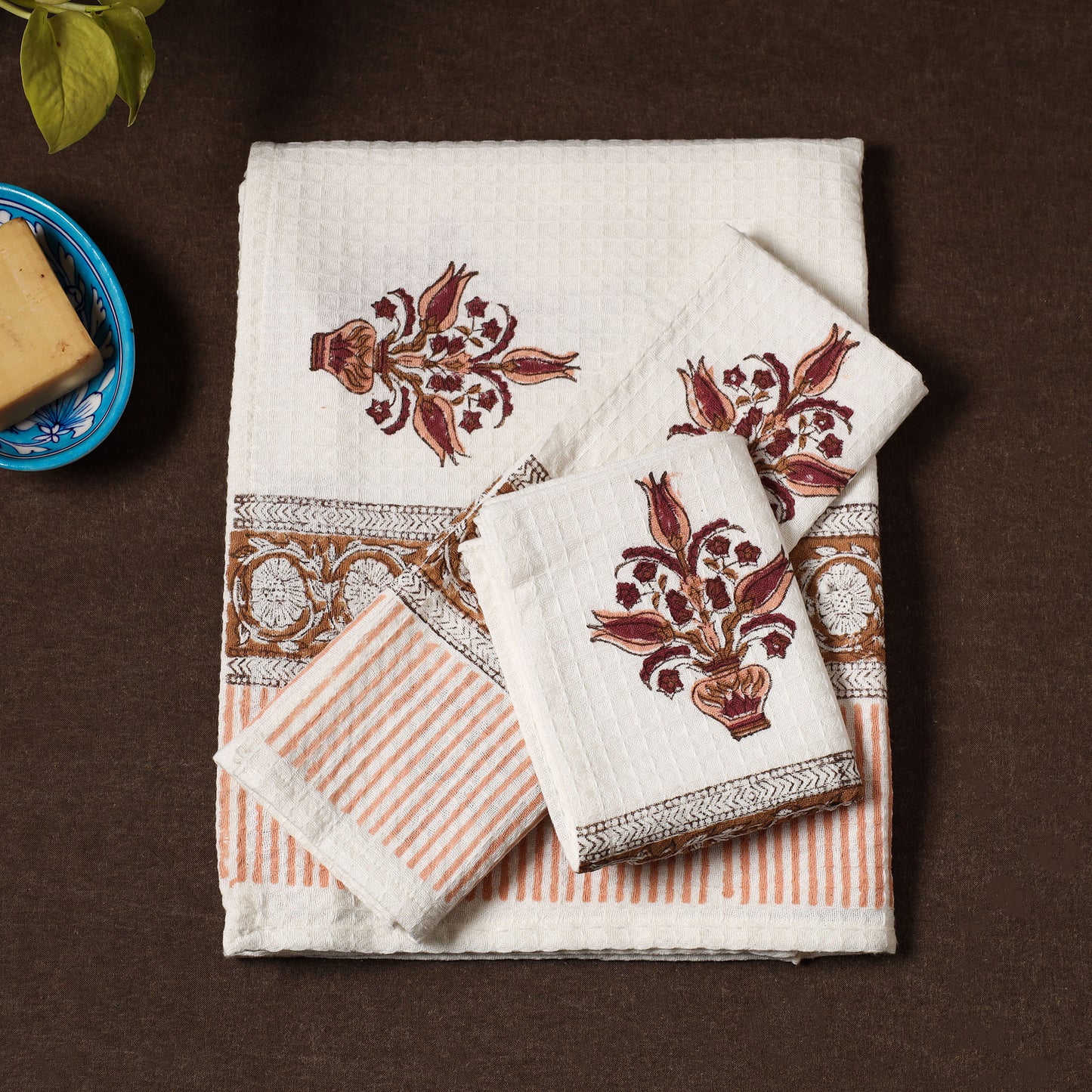 Sanganeri Block Printed Waffle Weave Cotton Bath & Face Towel (Set of 3)
