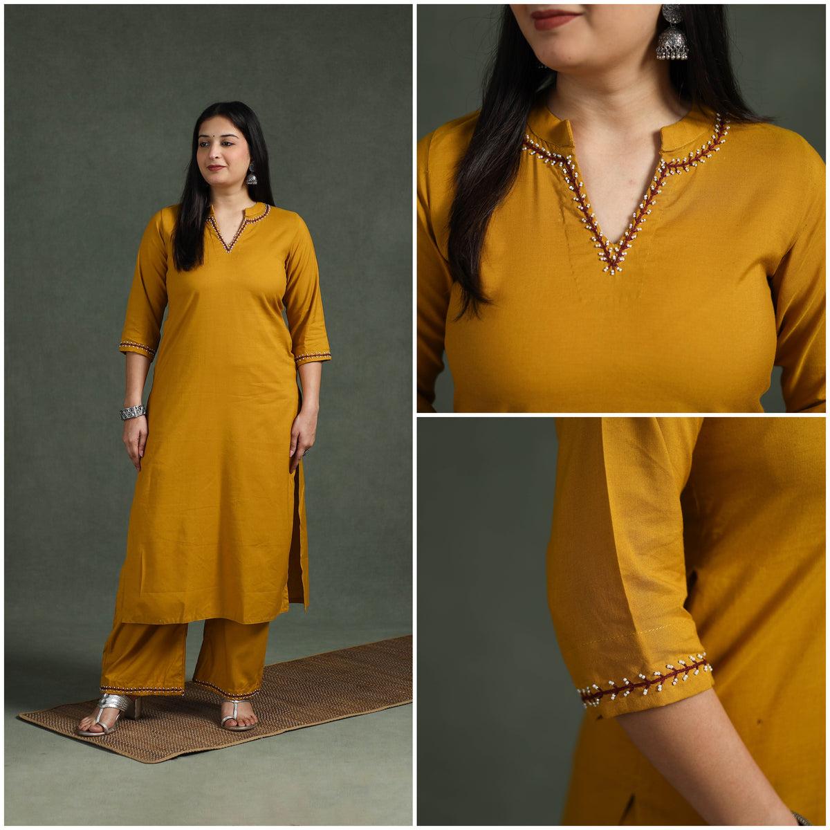 Plain Banana Fiber Soft Cotton Bead Work Straight Kurta with Palazzo Set for women 05