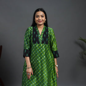 Green Chanderi Silk A-Line Patchwork Tie-Dye Leheriya Kurta for Women