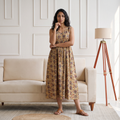 Pedana Kalamkari Hand Block Print Cotton Sleeveless Flared Long Dress for Women 15