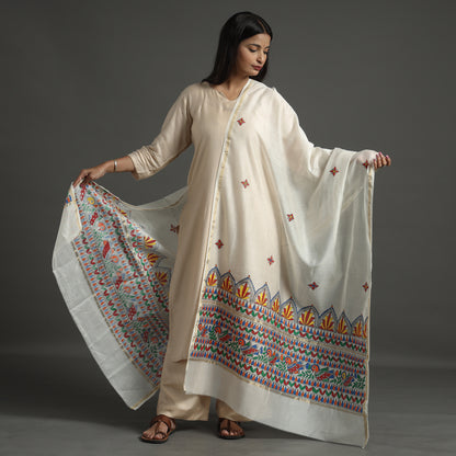 White - Madhubani Handpainted Chanderi Silk Handloom Dupatta 11