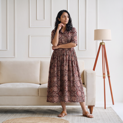 Pedana Kalamkari Hand Block Print Cotton Flared Long Dress for Women 04