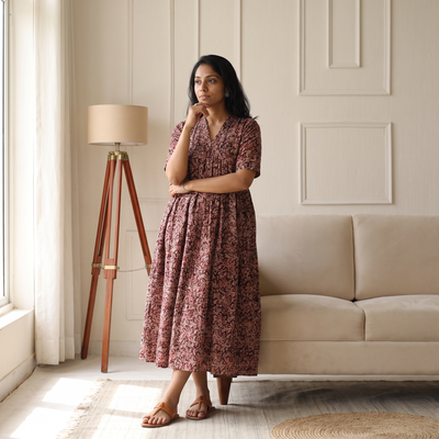 Pedana Kalamkari Hand Block Print Cotton Flared Long Dress for Women 09