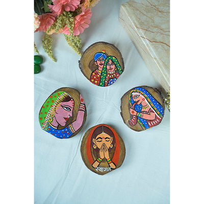 Teak Wood Handpainted Folklore Coasters- Set of 4