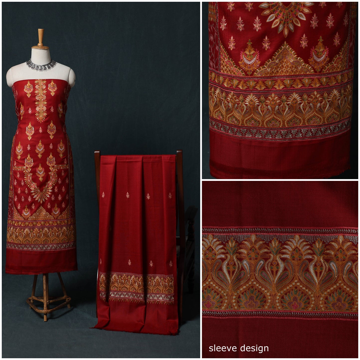3pc Heavy Chain Stitch Embroidered Wool Unstitched Dress Material Suit Set 41