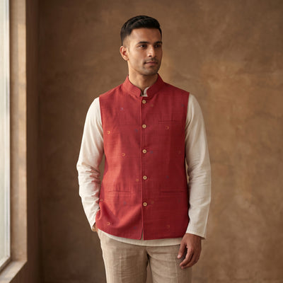 Handwoven Cotton Nehru Jacket for Men in Jamdani Buti of Srikakulam 05