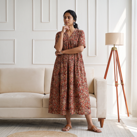 Pedana Kalamkari Hand Block Print Cotton Flared Long Dress for Women 06