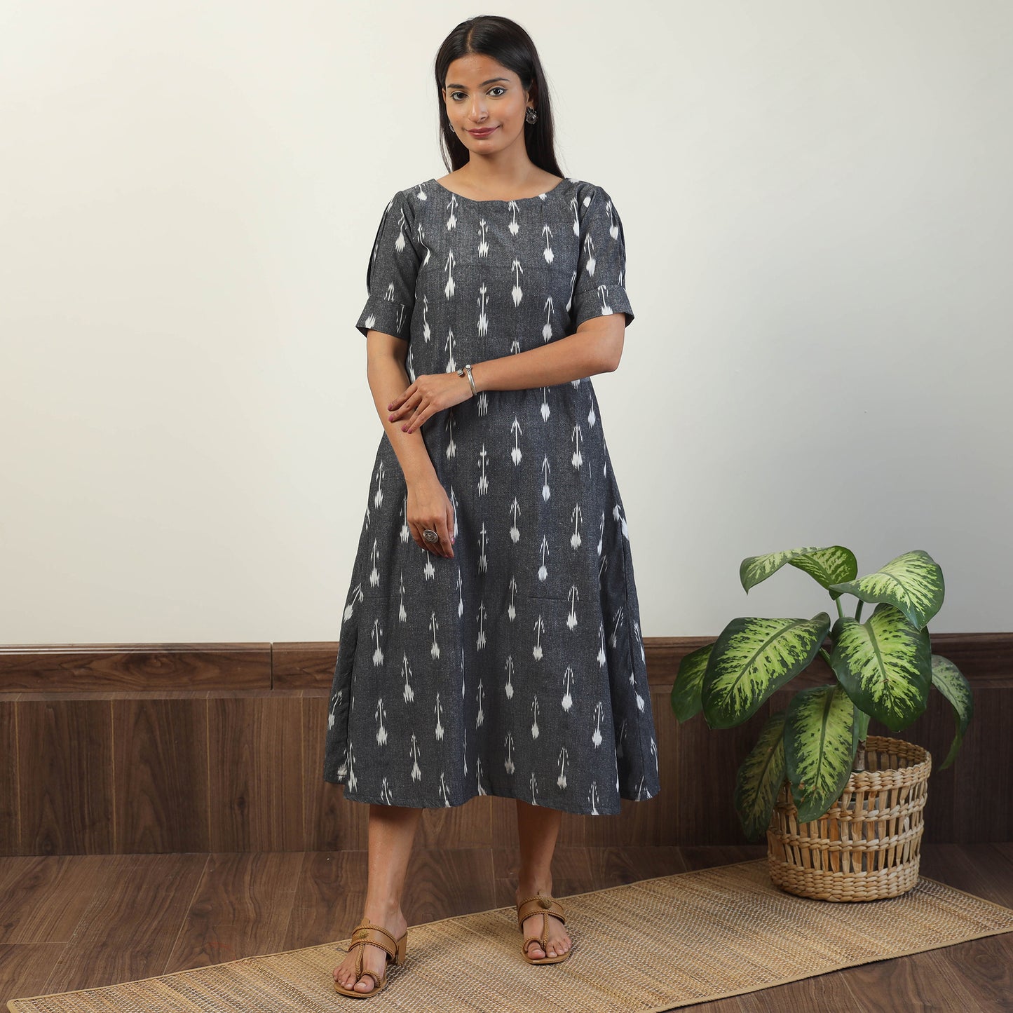 Grey - Pochampally Ikat Weave Cotton Dress 05