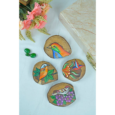 Teak Wood Handpainted Fledgling Coasters- Set of 4